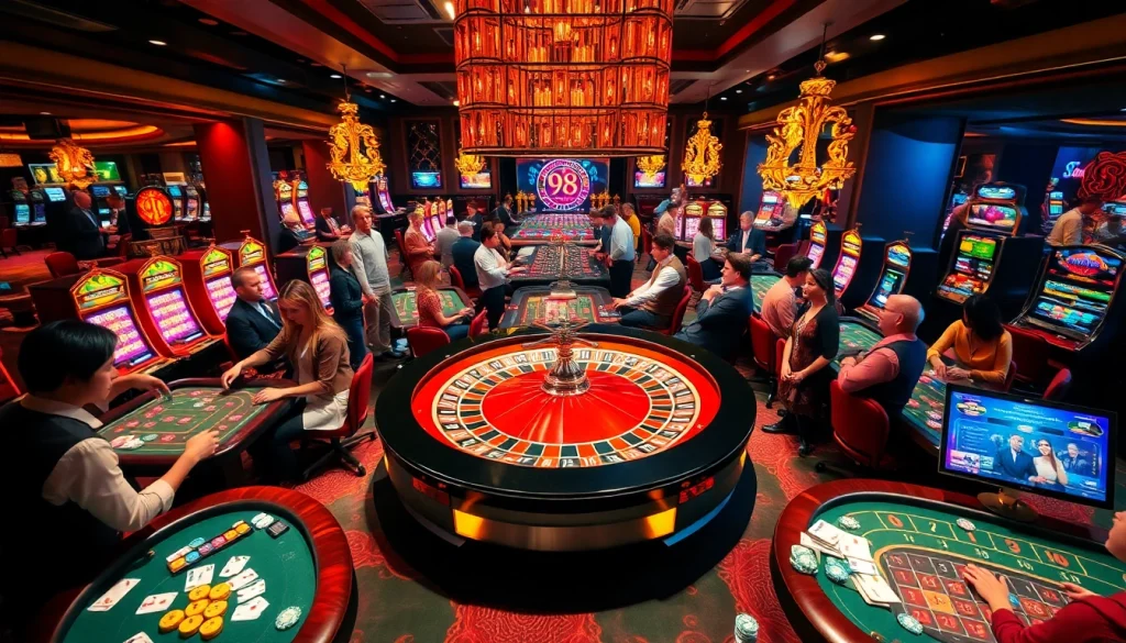 Players enjoying various games in a casino, while the 98win app enhances their betting experience.