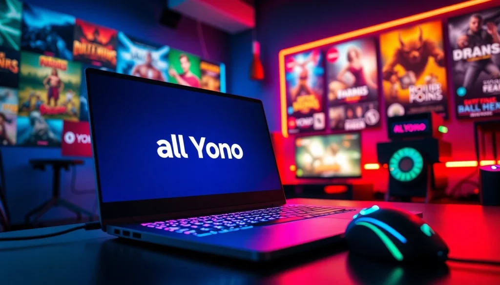 Engaging scene of the All Yono app on a laptop amidst a vibrant gaming setup.