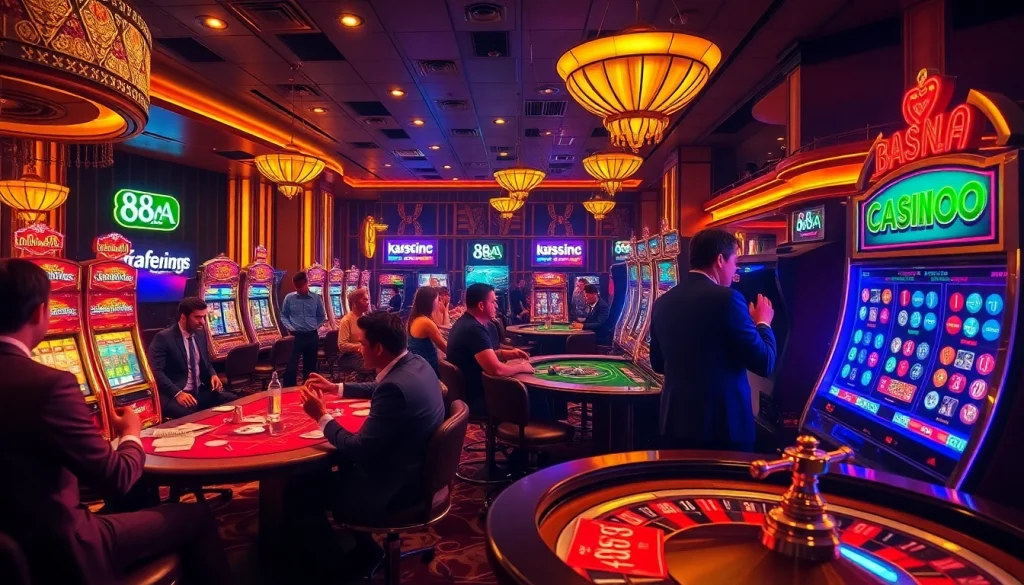 Experience the thrill of casino gaming with 88AA as players engage in high-stakes poker and vibrant slot machines.