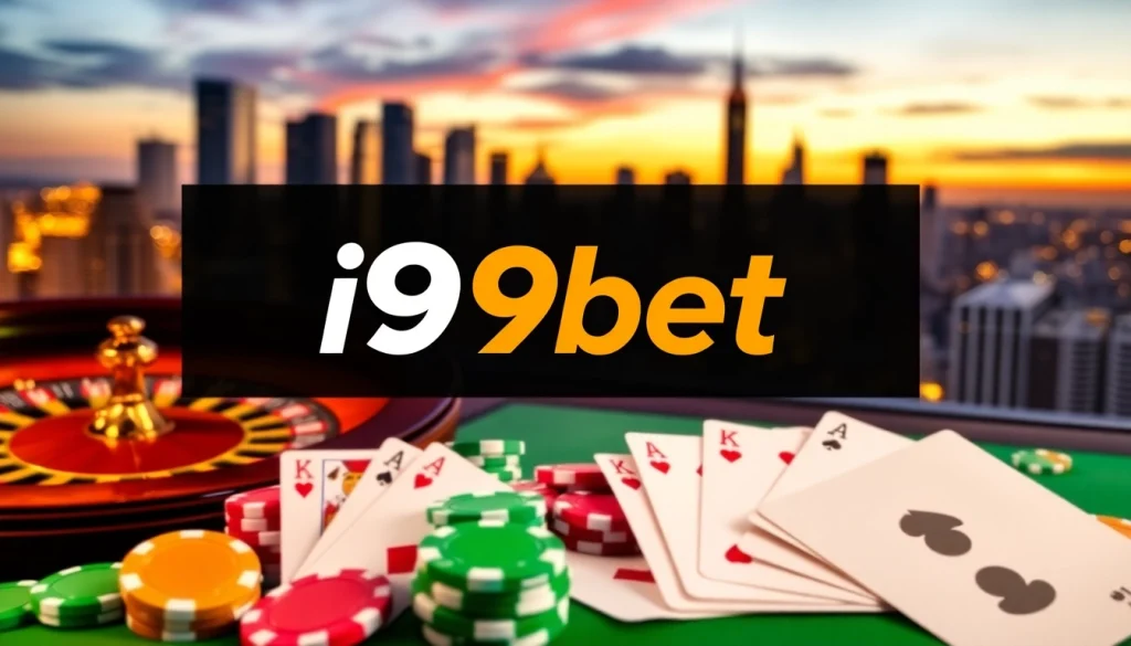 Engaging visual of i9bet logo amidst exciting online gambling elements including poker chips and cards.