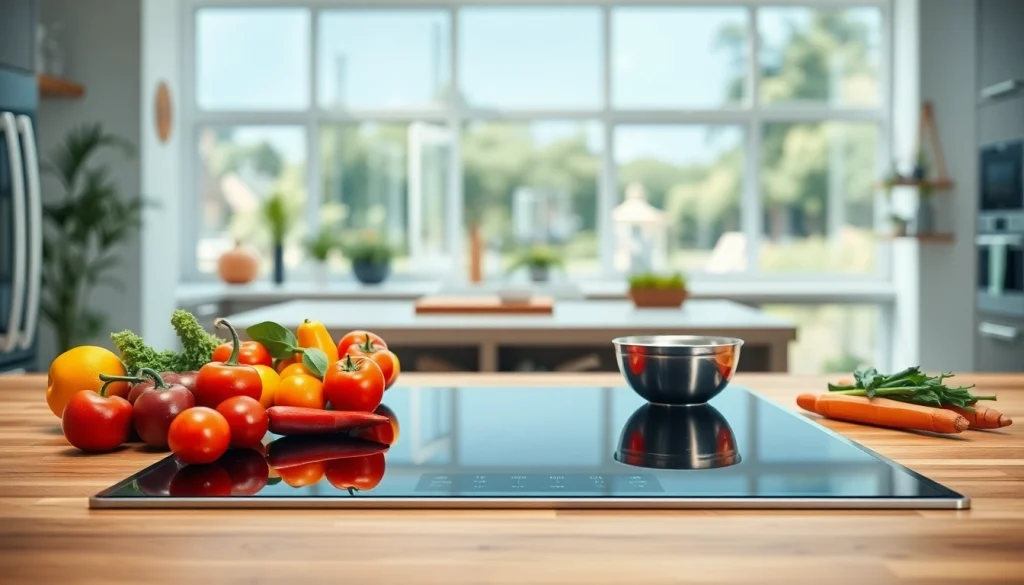 Showcase an induction hob in a stylish kitchen, highlighting its sleek design and cooking preparation.