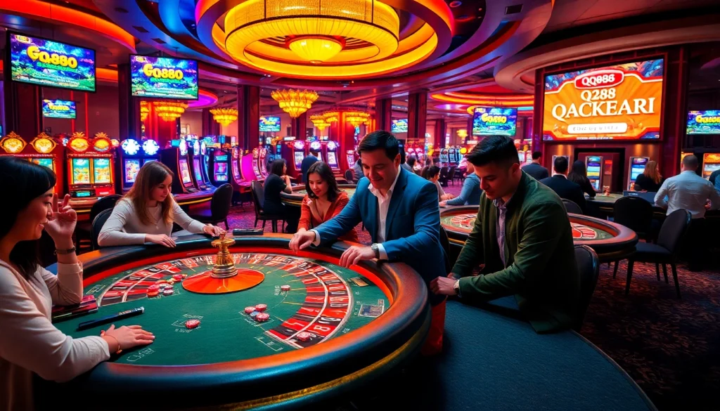 Experience the excitement of casino gaming with players enjoying various games and the promotion for qq88 đăng ký front and center in this lively scene.