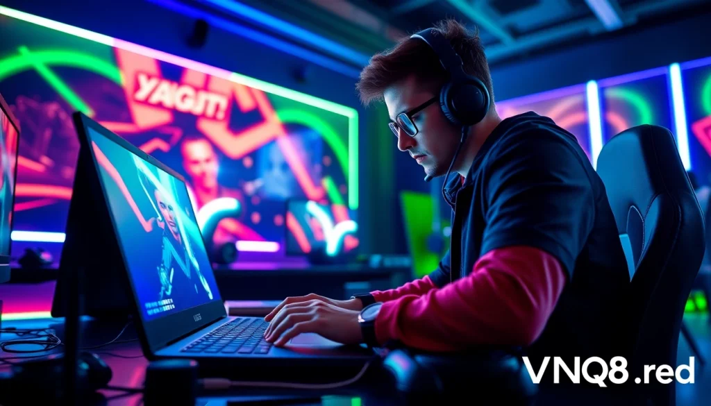 Experience gaming excitement at https://VNQ8.red/ with a professional gamer in a modern setup.