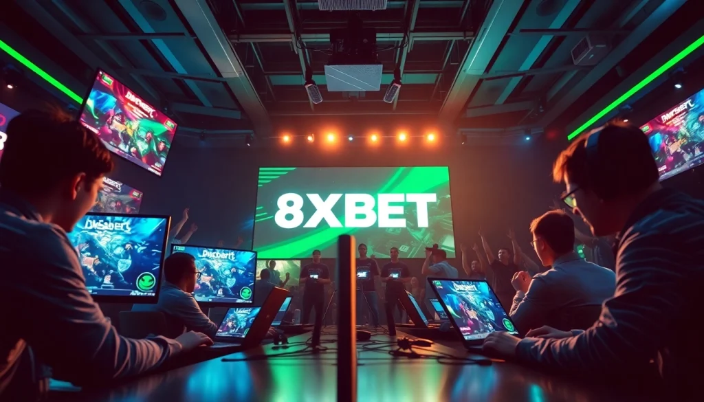 Betting excitement at 8XBET illustrated with enthusiastic gamers and high-tech screens.