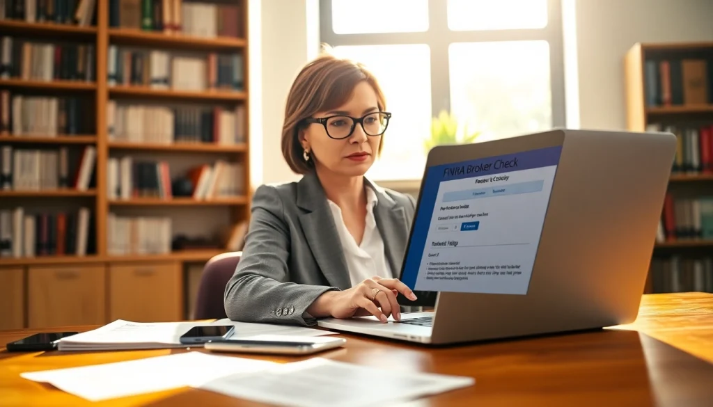 Explore the FINRA Broker Check tool as a financial advisor reviews essential trading information.