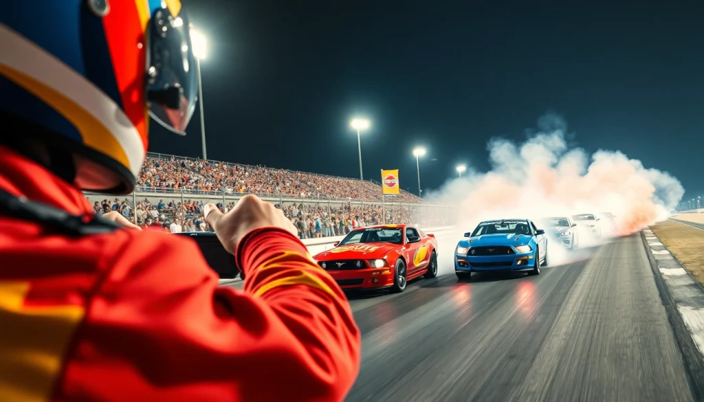 Experience the thrill of Drag Racing Events with high-speed cars racing down the track amidst cheering crowds.