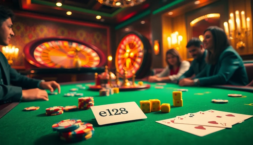 Experience the excitement of a thrilling poker game at a casino featuring e28 betting slips and colorful chips.