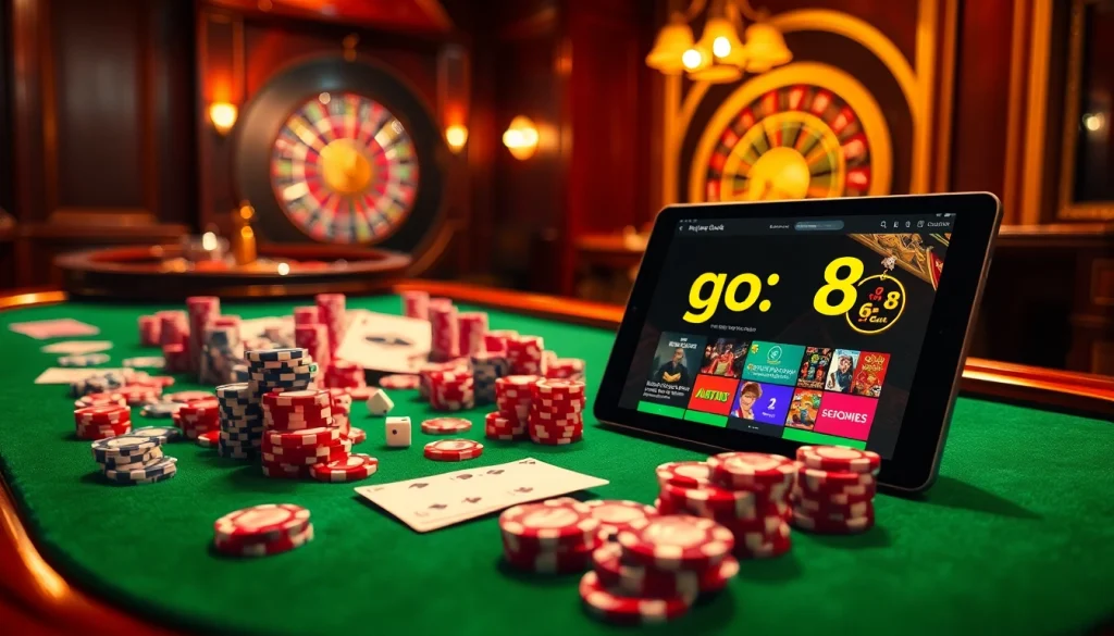 Play exciting card games at https://go8.black/ featuring vibrant poker chips and a well-lit table scene.