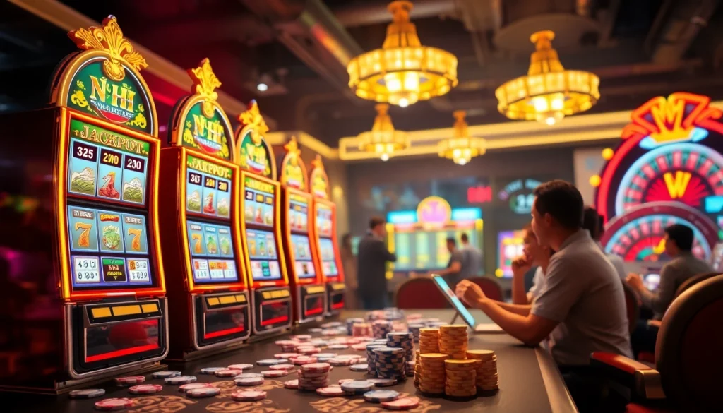 Thrilling moment at a casino with game nổ hũ slot machines and excited players winning big.