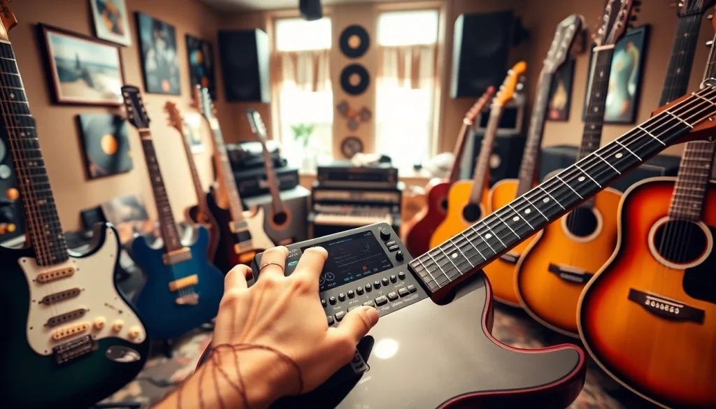 Showcasing a musician engaging with the VG99.zip guitar system in a vibrant music studio.