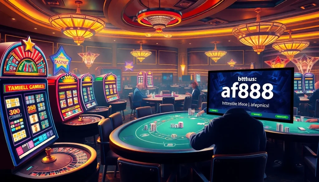 Gambling excitement at the casino featuring slots, poker, and https://af88.mba/ betting options displayed vibrantly.
