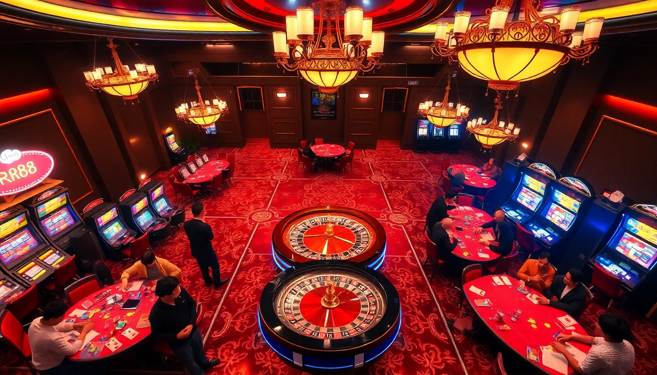 Experience the excitement of RR88 casino with vibrant roulette and poker tables in a lively atmosphere.