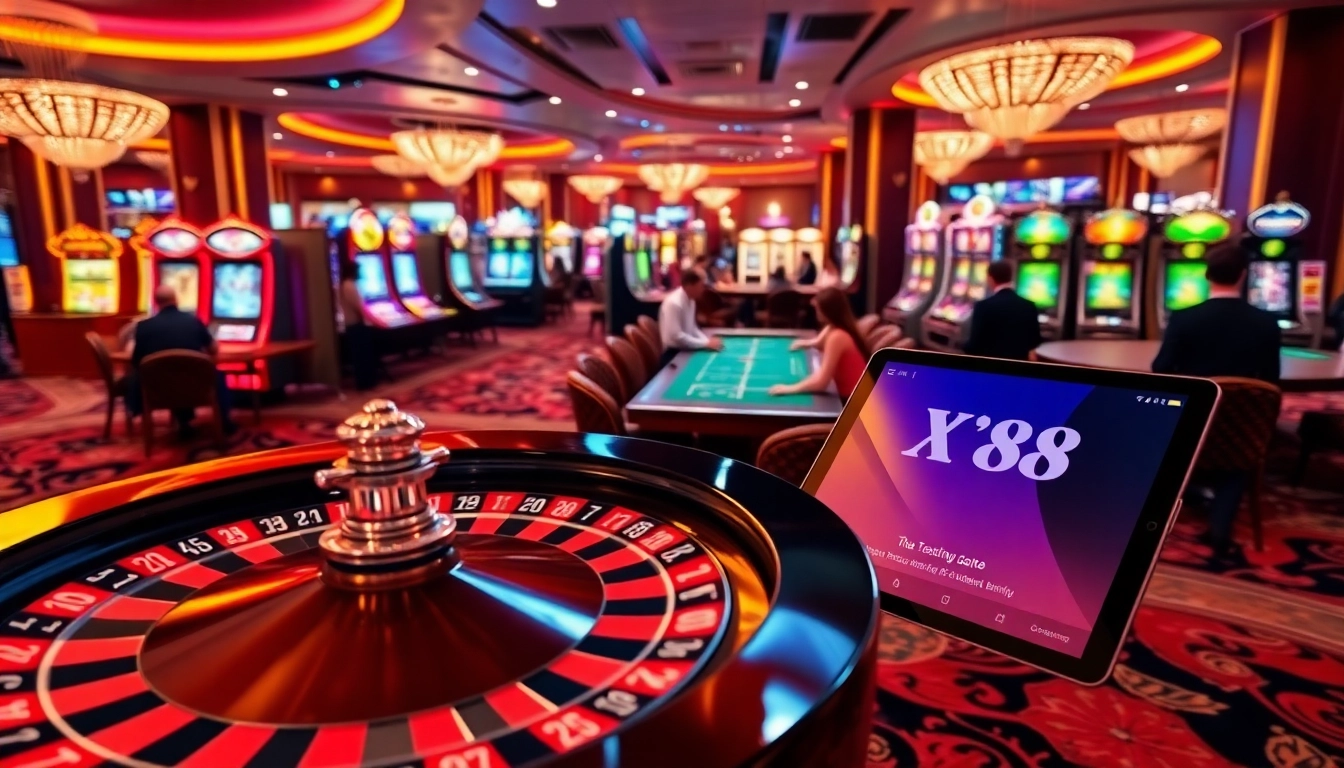 Experience the excitement of casino gaming with the vibrant trang chủ XX88 interface showcased amidst bustling tables and colorful slot machines.