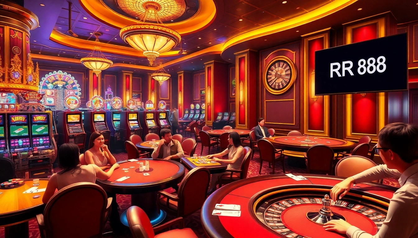 Gamblers immerse in the thrilling world of RR88 casino, enjoying high-stakes poker and vibrant slots.